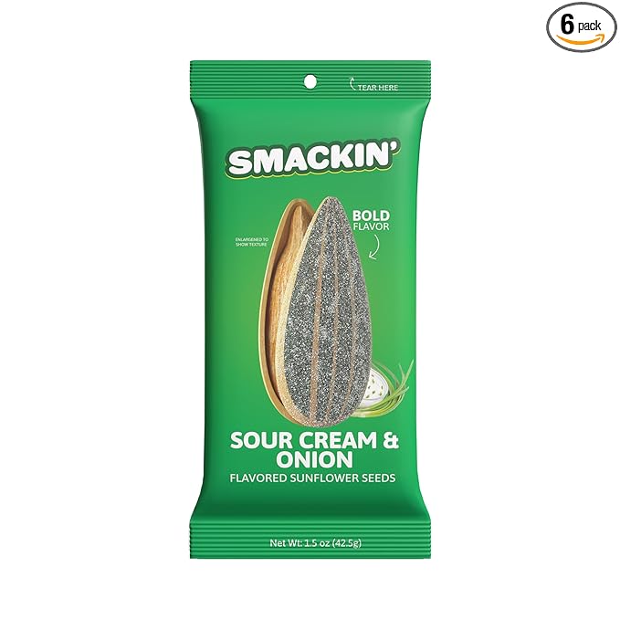 SMACKIN' Sunflower Seeds, Roasted Jumbo Small-Batch, American Made - Sour Cream & Onion, 1.5oz bags (6 Pack)