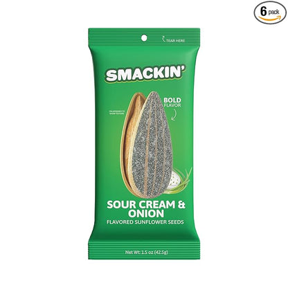 SMACKIN' Sunflower Seeds, Roasted Jumbo Small-Batch, American Made - Sour Cream & Onion, 1.5oz bags (6 Pack)