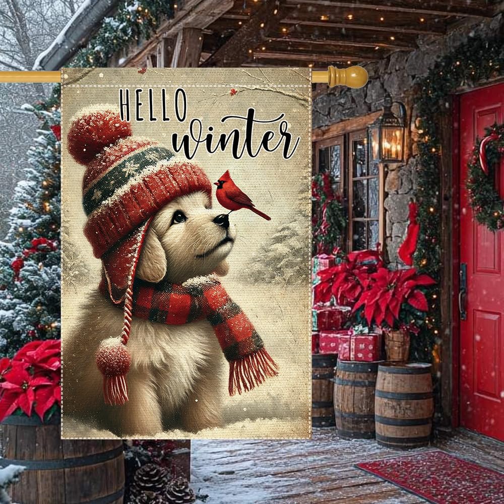Hello Winter Dog Garden Flag 24x40 Vertical Double Sided Cardinal Bird Snow Christmas Holiday Outside Decorations Burlap Yard Flags (RMQ-58D, 24"X40")