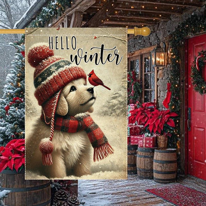 Hello Winter Dog Garden Flag 24x40 Vertical Double Sided Cardinal Bird Snow Christmas Holiday Outside Decorations Burlap Yard Flags (RMQ-58D, 24"X40")