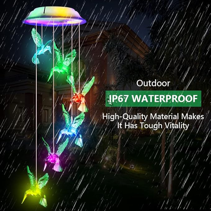 Fohil Solar Hummingbird Wind Chimes, Color Changing Solar Wind Chimes for Outside, LED Waterproof Solar Powered Hanging Lights Outdoor Valentine Decorations, Gifts for Women Mom Grandma