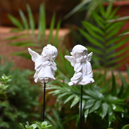 OwMell Set of 2 Decorative Angel Garden Stakes, Small Angel Fairy Garden Angel Ornaments, Cherub Angel Memorial Statue Flower Pot Decorations - Angels
