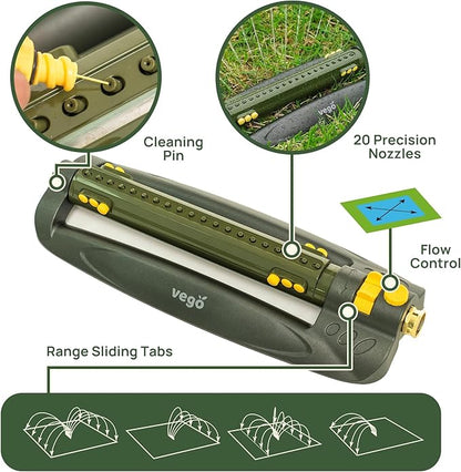 Vego Turbo Oscillating Sprinkler w/Quick Connector Starter Set Metal Base and 20 Precision Nozzles, 3-Way Adjustable for Large Yard and Lawn Covers up to 4973 sq. ft.-Seaweed Green