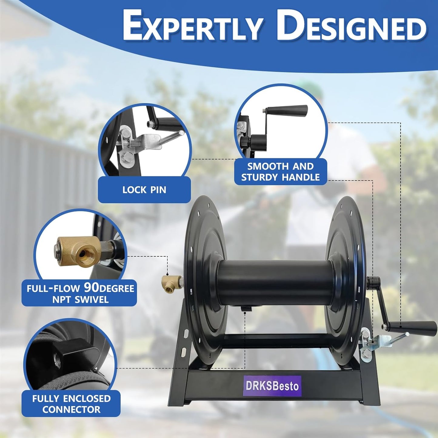 Pressure Washer Hose Reel 3/8" x 350FT, Hand Crank Power Washer Hose Reel with M22 Fitting, 5000 PSI Heavy Duty Hose Reel for Water, High Pressure Washer Reel with Trailer/Wall/Van Mount