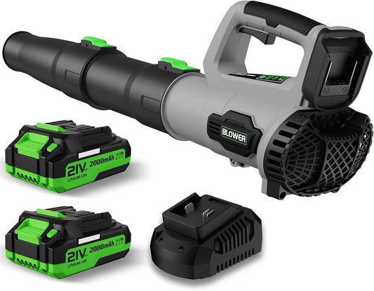 Leaf Blower, 21V Cordless Electric Blower with 2 2.0Ah Batteries and 1 Hour Fast Charger, Lightweight Leaf Blower for Patio Cleaning, Lawn Care, Blowing Fallen Leaves and Dust, etc.