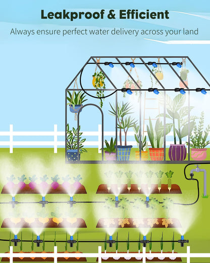 Pawfly 50ft Mist Drip Irrigation Kit - Quick-Connect Drip Irrigation System with 1/4" Tubing, Adjustable Misting Nozzles & Drip Irrigation Parts for Greenhouse, Lawn, Patio and Raised Beds