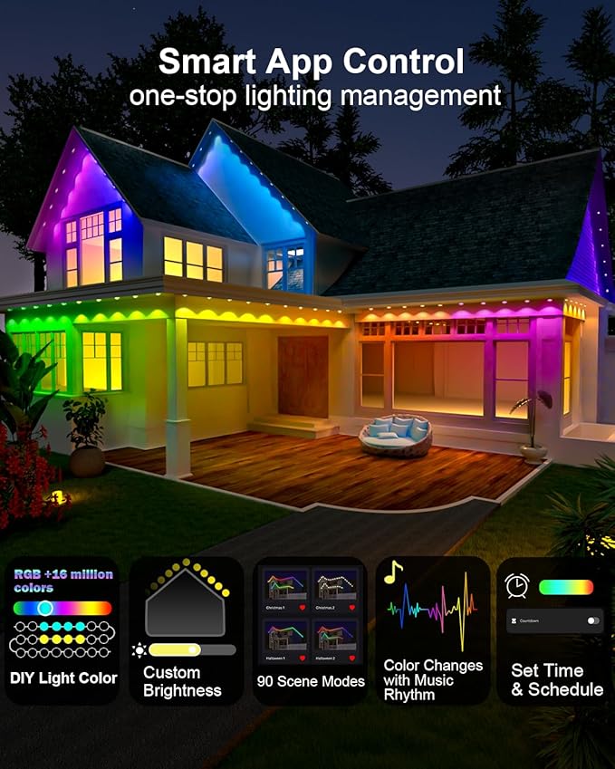 Permanent Outdoor Light Pro, 100ft with 72 RGB+IC LED Lights, 90 Scene Modes, AI Light Design, IP67 Waterproof for Halloween Christmas Decor and Daily Lighting, Work with Alexa, Google