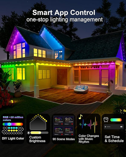 Permanent Outdoor Light Pro, 100ft with 72 RGB+IC LED Lights, 90 Scene Modes, AI Light Design, IP67 Waterproof for Halloween Christmas Decor and Daily Lighting, Work with Alexa, Google