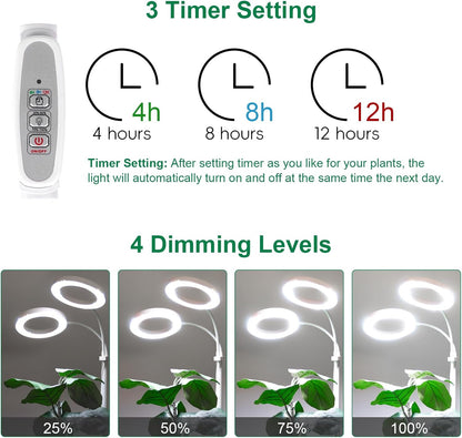 LBW Dual-Head Full Spectrum Grow Light with Stand – Adjustable Height (48.8-64.6"), Auto Cycle Timer (4/8/12H), 4 Brightness Levels, for Large Indoor Plants (White)