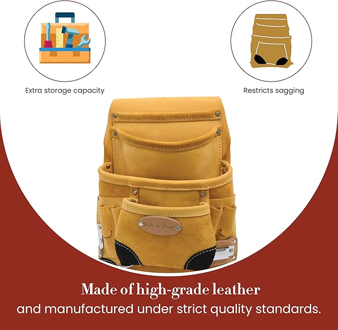 Style n Craft 10-Pocket Carpenter’s Nail & Tool Pouch with Tape Clip, Heavy-Duty Leather Tool Pouch, Perfect and Durable Full-Grain Leather Pouch, Yellow with Black Leather Corners (93924)