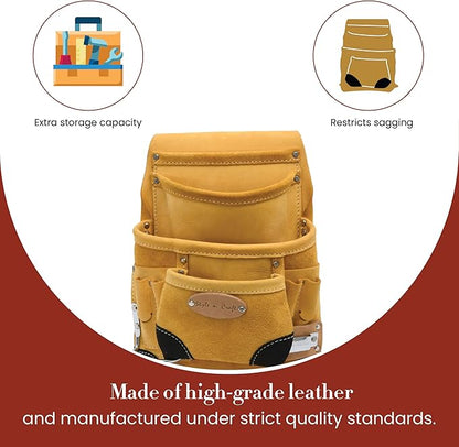 Style n Craft 10-Pocket Carpenter’s Nail & Tool Pouch with Tape Clip, Heavy-Duty Leather Tool Pouch, Perfect and Durable Full-Grain Leather Pouch, Yellow with Black Leather Corners (93924)