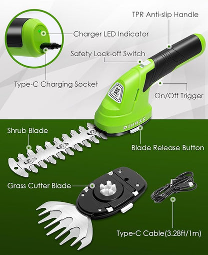 Cordless Grass Shear & Hedge Trimmer - 2 in 1 Handheld 7.2V Small Electric Bush Trimmer, 2.0Ah Rechargeable Battery Powered Shrub Trimmers Grass Cutter for Garden, Yard, Lawn Care
