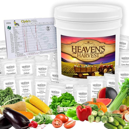 Heaven’s Harvest - 10 Year Survival Or Homestead Garden | 25k+ Heirloom Vegetable Seed Bank Kit | Includes Free Clyde’s Garden Planner & Seed Vault Storage Drum | Non-GMO