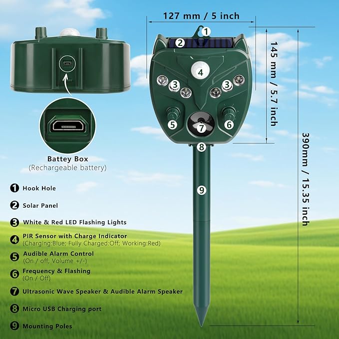 2 Pack 2025 Upgraded Solar Ultrasonic Animal Repellent Outdoor – Motion Activated Deer, Squirrel, Cat, Raccoon, Dog & Bird Deterrent with Multi-Frequency LED Strobe & Ultrasonic Sweep for Yard Lawn