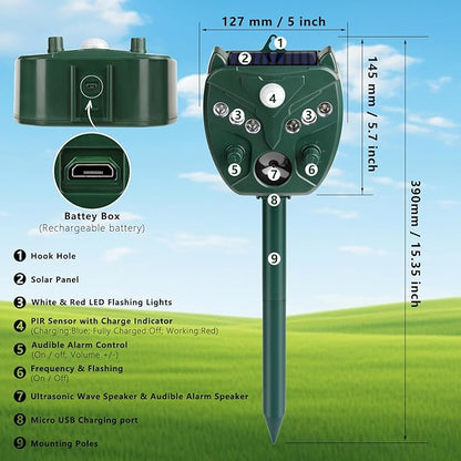 2 Pack 2025 Upgraded Solar Ultrasonic Animal Repellent Outdoor – Motion Activated Deer, Squirrel, Cat, Raccoon, Dog & Bird Deterrent with Multi-Frequency LED Strobe & Ultrasonic Sweep for Yard Lawn