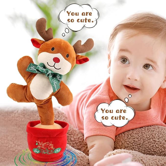 Christmas Dancing Reindeer Toy, Light Up Singing Mimicking Talking Repeating Reindeer Stuffed Animal, Animated Christmas Plush Toys, Musical Baby Toys 0-6 6-12 Months for Kids Boys Girls Gifts