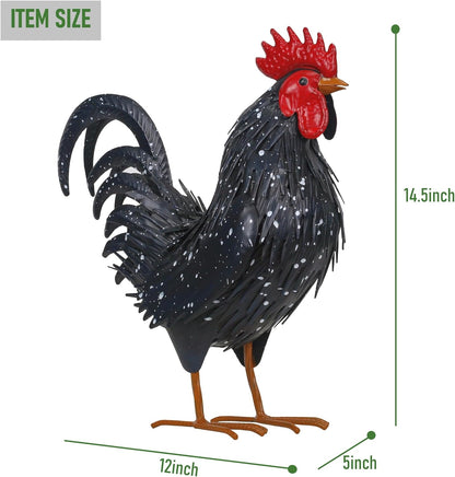 Rooster Garden Statue Sculpture Metal Chicken Yard Decor Outdoor Figurines Patio Backyard Decoration (Black)
