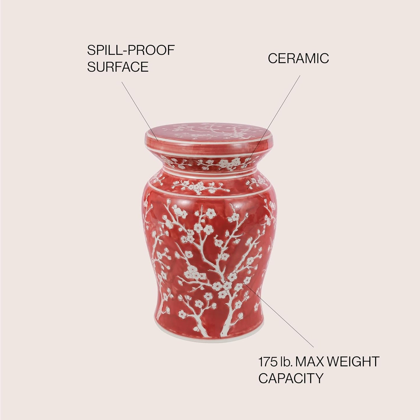 JONATHAN Y TBL1017B Cherry Blossom 17.75" Ceramic Indoor/Outdoor Garden Stool Coastal, Contemporary, Transitional, Patio, Garden Room, Bathroom, Living Room, Red/White