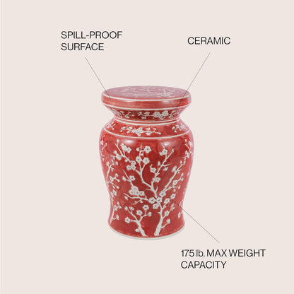 JONATHAN Y TBL1017B Cherry Blossom 17.75" Ceramic Indoor/Outdoor Garden Stool Coastal, Contemporary, Transitional, Patio, Garden Room, Bathroom, Living Room, Red/White