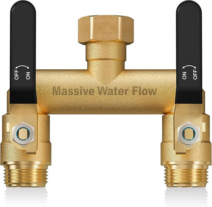 Hose Splitter 2 Way Heavy Duty, Full Flow Garden Hose Splitter with 2 Long Metal Handles, Brass Rust and Freeze Resistant Water Hose Bib Splitter, T Adapter Connector with 3/4 - Inch GHT Thread（Black）