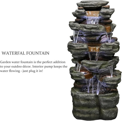 SunJet 47.2" High 6-Tiers Cascading Rock Outdoor Water Fountain with LED Lights - Large Outdoor Fountains and Waterfalls for Garden or Patio, Yard, and Deck Decor, Featuring Natural Stone Look