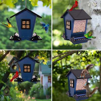 LSCQYYCC-Bird Feeder Squirrel Proof Metal Hanging for Outdoor Wild Bird Seed, with Bilateral Weight-Activated Perches, Large Feeder That Attracts Cardinals, Chickadees, and More Birds-One in Blue
