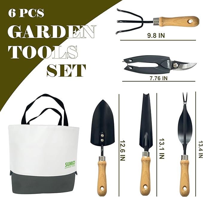 SUMIO 6-Piece Gardening Hand Tool Set – Includes Trowel, Transplanter, Cultivator, Lever Weeder, Bypass Pruner & Storage Bag – Garden Tools Kit for Planting, Weeding, and Pruning (Gray)