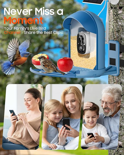 Camii Bird Feeder with Camera, Smart Birdfeeder with AI Identify Birds Species, 2K HD, Solar Powered, Night Vision, Real-Time Alert, IP66 Waterproof for Backyard Bird Watching Enthusiasts (Blue)