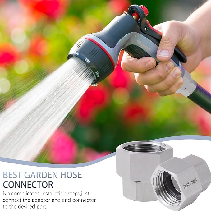 2 Pcs Stainless Steel Garden Hose Fittings Connectors Adapter,3/4" GHT to 1/2" NPT Repair Female to Female Double dual water hose connector, Lead-Free (Pack of 2)