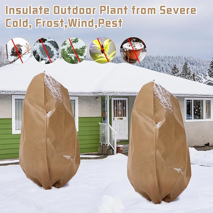 4 Pcs Winter Plant Covers Freeze Protection Reusable Plant Protector Bag with Drawstring Warm Shrubs Cover Frost Protection Planting Jacket Bags for Outdoor Garden, Brown (90.6 x 74.8 Inch)