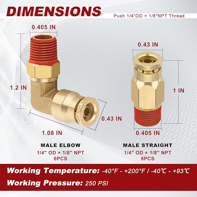 1/4” Quick Push to Connect Fittings Brass Male Straight and Elbow Combination DOT Approved 1/4" Tube OD x 1/8" NPT Thread Air Brake Line Adapter Air Suspension Kit Air Hose Repair Kit 14pcs