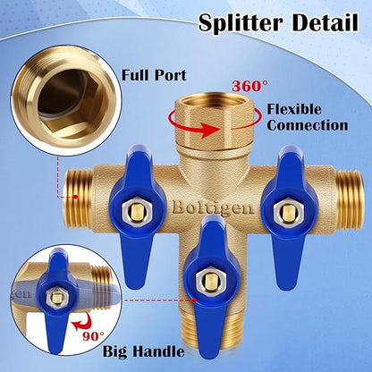 Boltigen 3 Way Garden Hose Splitter with Full Flow Port Heavy Duty Brass Water Hose Splitter 3/4'' GHT "+" Type Hose Connector Fitting Shut off Diverter Control Valve, for Outdoor Faucet Irrigation