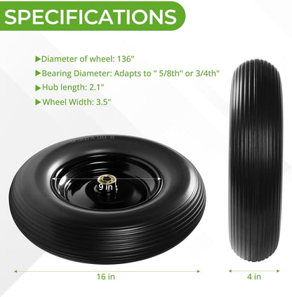 Backyard Expressions 16-Inch Flat-Free PU Tire 2-Pack – Heavy-Duty Solid Poly Wheels with 5/8" & 3/4" Bearings, Spacer Kit & Steel Hubs for Wheelbarrows, Garden Carts, Hand Trucks & Utility Equipment