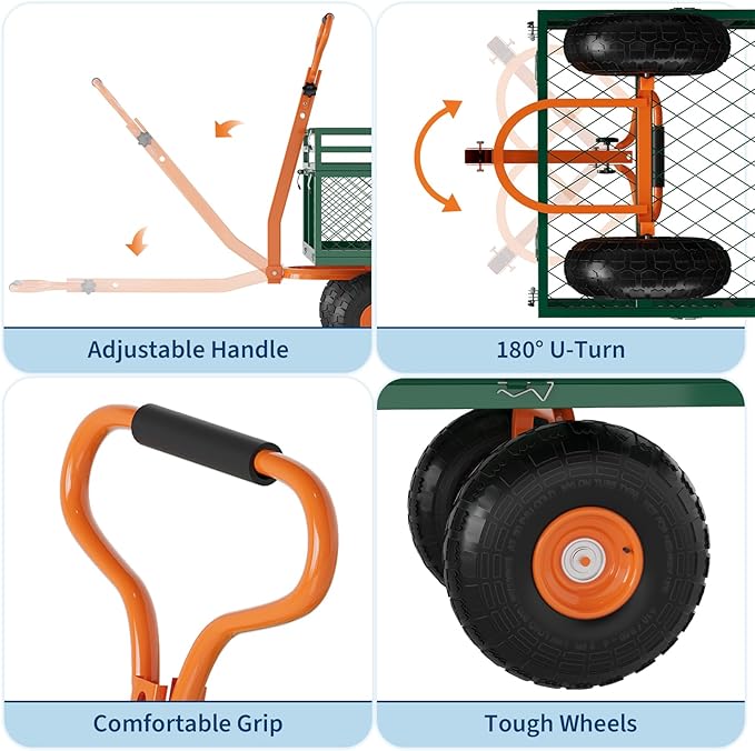 Versatile Garden Cart for Lawn and Yard with Heavy Duty Steel, 1200 Lbs Capacity Mesh Steel Garden Cart Folding Utility Wagon with Removable Side Panels, Long Handle, 10" Tires - Green and Orange