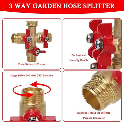 Hose Splitter 3 Way Heavy Duty Brass Valve Garden Hose Splitter with Stainless Steel Long Handle Water Hose Trap Adapter 3/4" GHT Thread