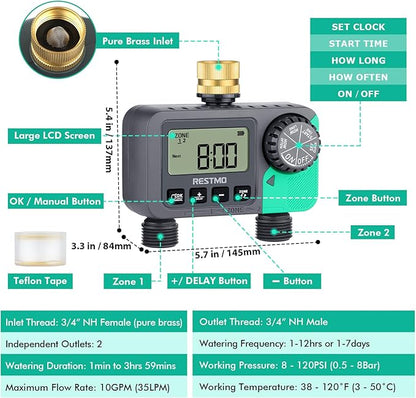 RESTMO Water Timer for Garden Hose, Sprinkler Timer with Brass Inlet, Automatic Digital Control | Manual ON/Off | Rain Delay, for Outdoor Faucet, Drip Irrigation and Lawn, 2 Outlet