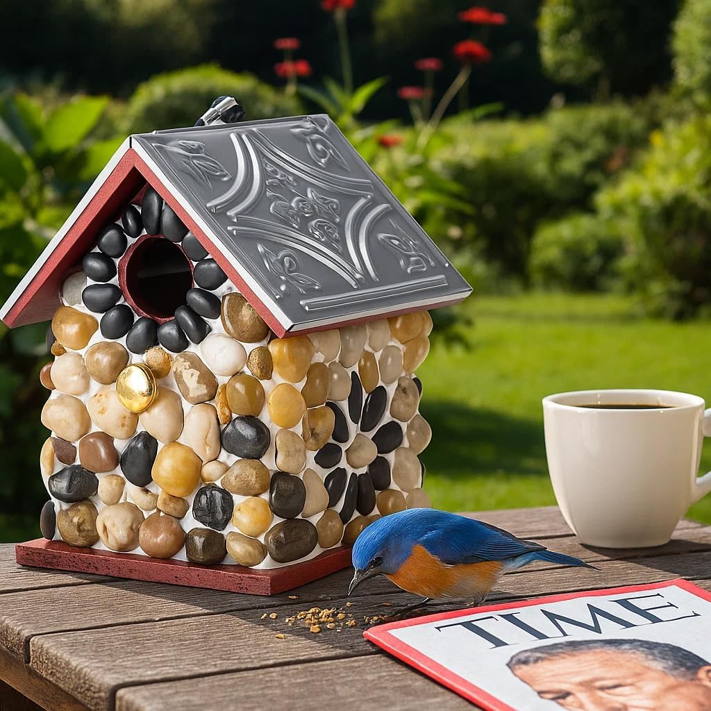 Masterpiece Bluebird Bird House for Outside Clearance, Cedar Bird House Bird Feeder for Outdoor, Stone Villa, Hanging Birdhouse for Outside,Pole Mountable, 10 Years Longtime Lasting (Red)