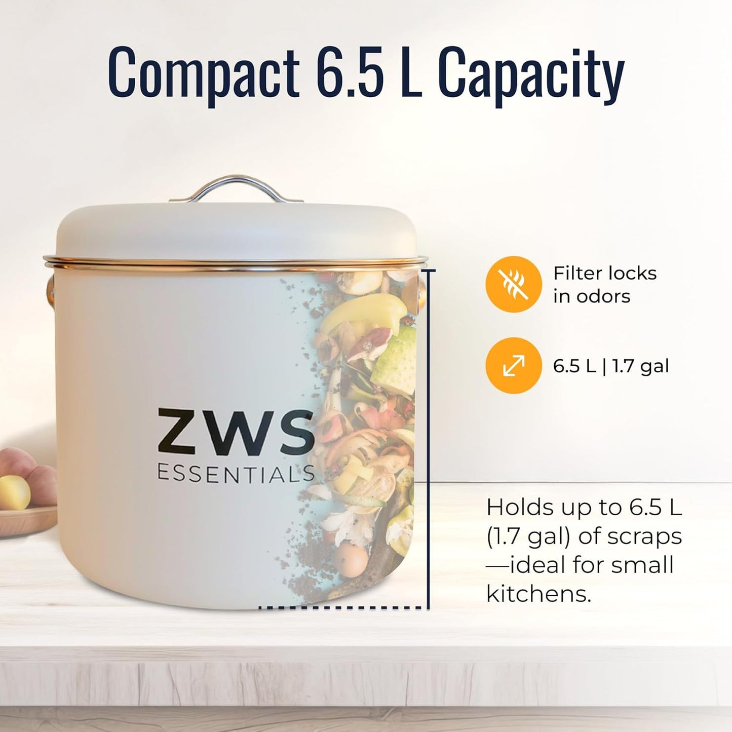 White Stainless Steel Compost Bin | 6.5L Odor-Free Kitchen Countertop Food Scrap Pail with Charcoal Filter | Compact Zero Waste Solution for Home and Apartment Kitchens