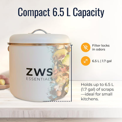 White Stainless Steel Compost Bin | 6.5L Odor-Free Kitchen Countertop Food Scrap Pail with Charcoal Filter | Compact Zero Waste Solution for Home and Apartment Kitchens