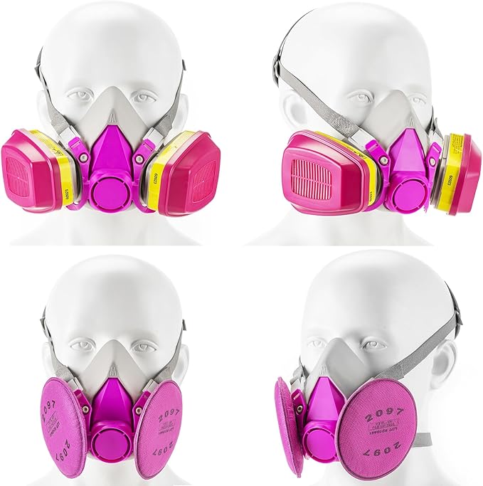 RANKSING Respirator Mask with Filters and Glasses to Against Dust Gases Fumes in Painting Spraying Sanding Orange/Pink