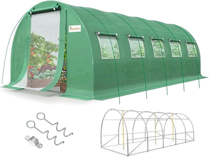 KING BIRD Premium 25x10x6.6FT Greenhouse for Outdoors, Large Walk-in Upgraded Galvanized Metal Frame, Mesh Door Screen Window Improved Zipper Tunnel Hoop for Garden Plant Winter, 2 Stiffeners, Green