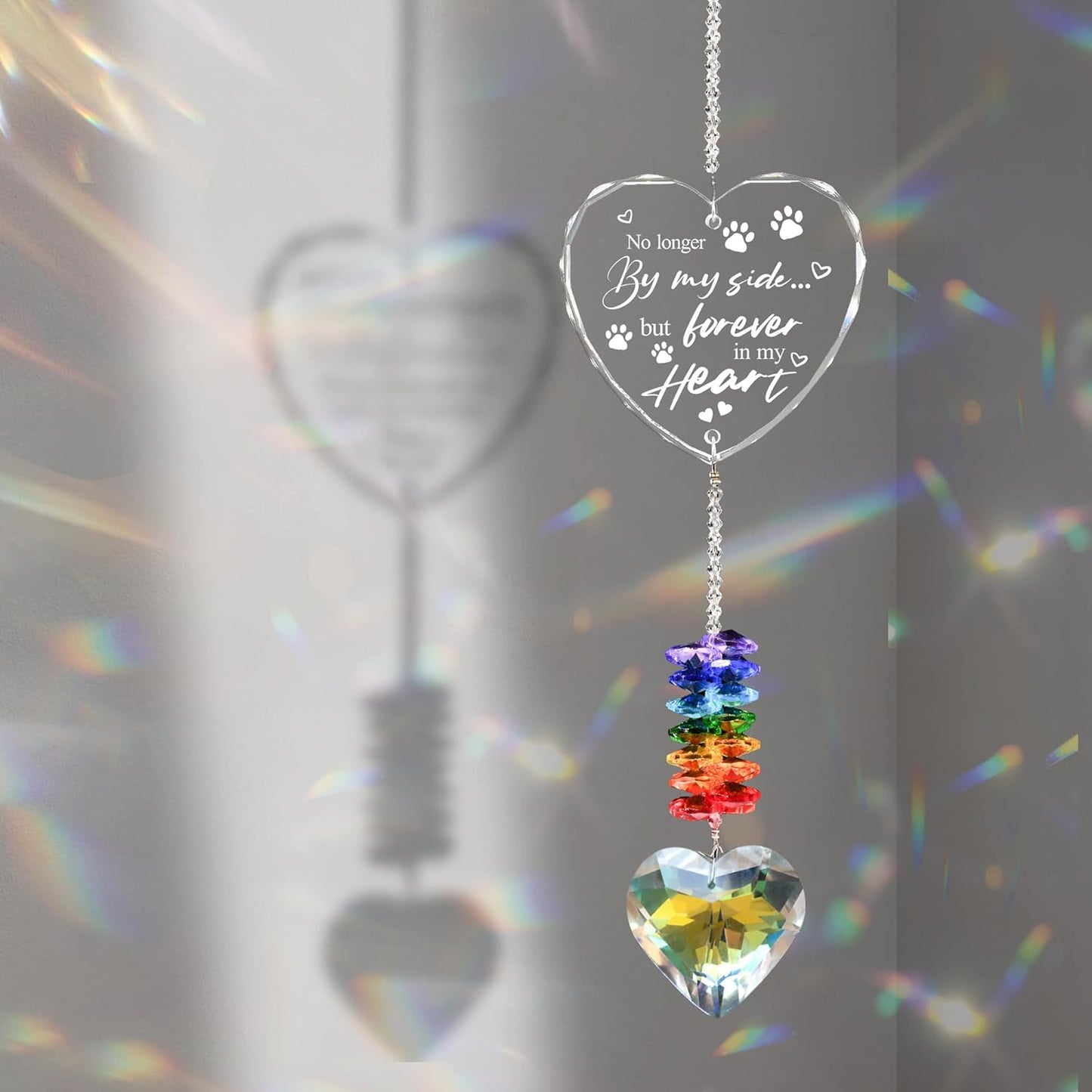 Pet Memorial Crystal Suncatcher Gifts for Loss of Dog/Cat, Window Hanging Crystal Heart Prism Sun Catcher Rainbow Maker Pendant