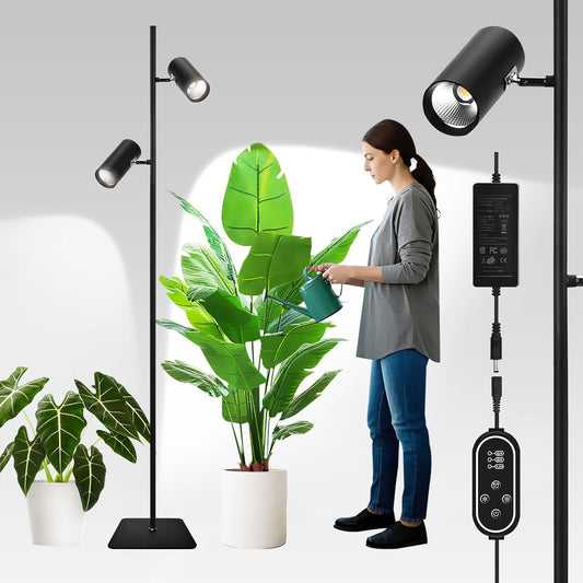 60W Dimmable Grow Light, Full Spectrum COB LED Dual-Head Floor Lamp with High CRI, 6/8/12H Timer, Adjustable Height (37"-77") & Angle – Standing Grow Lights for Indoor Plants (Daylight 6000K)