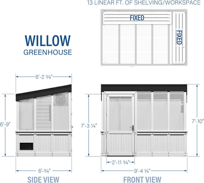 Backyard Discovery Willow 9' x 6' White Cedar Wood and Polycarbonate Walk-in Greenhouse Kit with Exhaust Fan, Windows, Hose Hook-Ups, PowerPort, Staging Shelves for Year-Round Outdoor Gardening