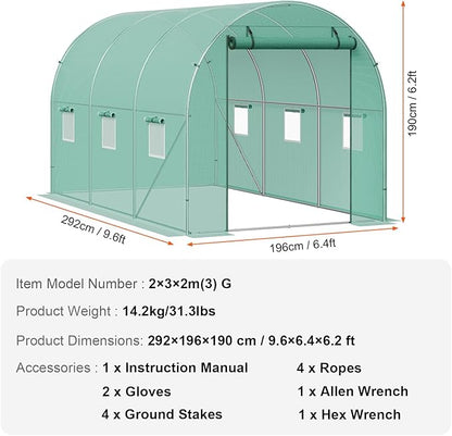 VEVOR Walk-in Tunnel Greenhouse, 9.6x6.4x6.2 ft Hoop House Greenhouse Tunnel, Plant Hot House with Galvanized Steel Frame, Green PE Cover, Roll-up Zipper Door and 6 Windows for Outdoor