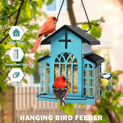 Church Metal Hanging Bird Feeder for Outdoors, Weatherproof Suet Feeders for Outside Hanging, Large Bird Feeders Great for Attracting Finch, Woodpecker and More Wild Birds-5LB
