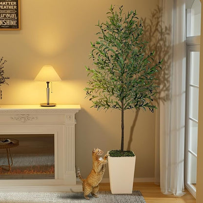 Olive Trees Artificial Indoor 7ft, 2 PCS Tall Faux Silk Plant with Pot, Realistic Leaves and Natural Wood Trunk Fake Trees with Lifelike Fruits for Home Office Decor Bedroom Livingroom Entryway
