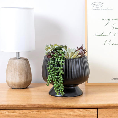 MyGift 8 Inch Modern Green Artificial Succulent Arrangement Potted in Matte Black Fluted Ceramic Round Planter, Decorative Plant Pot with Assorted Faux Mini Succulents