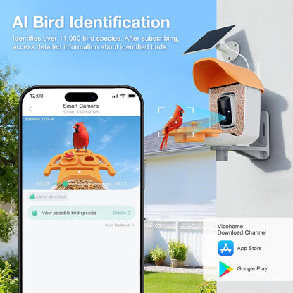 Smart Bird Feeder With 3MP HD Camera & AI Identify, Hummingbird Feeder With Solar Panel, Supports Two-Way Audio, Instant Arrival Alerts, Birdhouses For Outdoors, Gifts For Bird Lovers, Orange