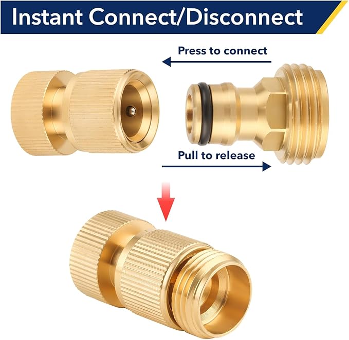 Garden Hose Quick Connector, 3/4 Inch GHT Thread Quick Connect Kit, Solid Brass Water Hose Fittings with Female Adapter and Male Adapter（4pcs）